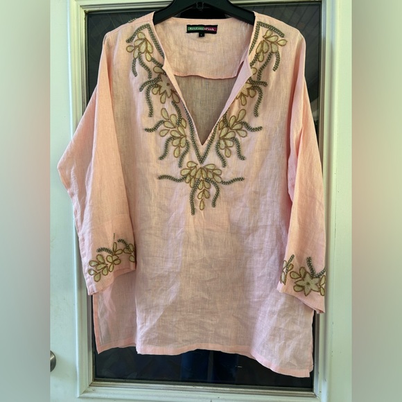 Key Lime & Pink Tops - Key Lime & Pink beaded linen tunic top size L